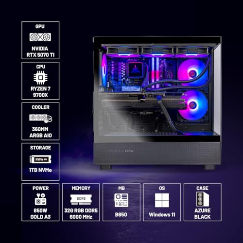 Skytech Gaming Azure 3 Desktop PC, Ryzen 7 9700X 3.8 GHz (5.5GHz), NVIDIA RTX 5070 Ti 16GB, 1TB Gen4 NVMe SSD, 32GB DDR5 RAM 6000 RGB, 850W Gold ATX 3 PSU, 360mm ARGB AIO, Wi-Fi, Win 11 - Image 4
