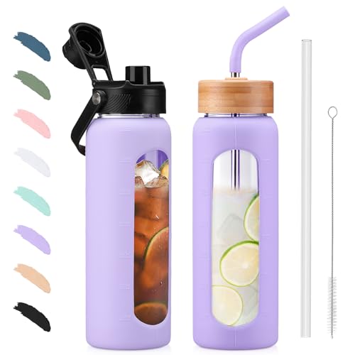 BLUEGO 700ml Glass Water Bottle with Straw and 2 Lids Glass Coffee Cup with Time Marker and Silicone Protector Glass Tumbler for Beverages Soda Cola BPA Free, Purple