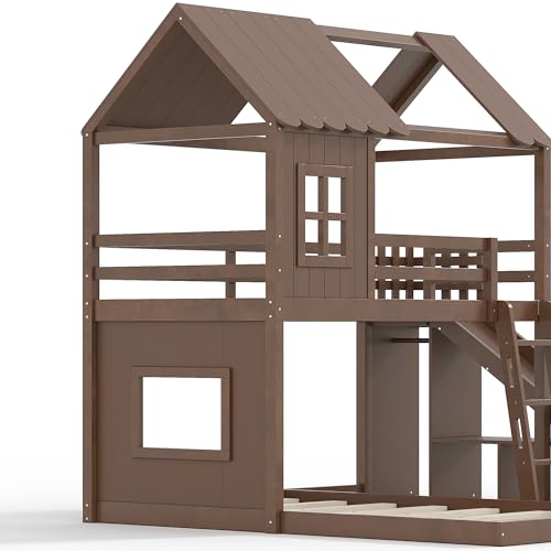 Image of Bellemave Bunk beds Twin Over Full with Slide,Ladders,Bookshelf and Wardrobe House roof Design, Low bunk /loft Bed for Kids, Deep Natural