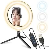 MERSHEART リングライト 三脚 26cm 【技術認証取得 目に優しい】女優ライト スマホ LED 自撮り撮影用 卓上 ライト3色モード 10段階調光可能 USB給電 高輝度 3000-6500K YouTube Instagram TikTok 生配信 WEB会議
