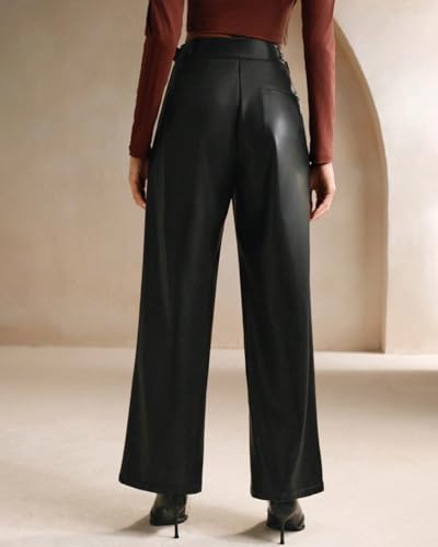 Women Faux Leather Pants High Waist Wide Leg Business Causal Trousers with Pockets4