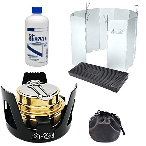 DaLaCa アルコール ストーブ ウインドスクリーン 五徳 収納袋 燃料 付き ソロ キャンプ スタート 6点 セット