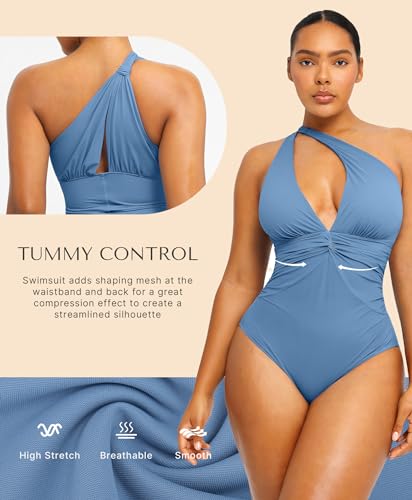Image of SHAPELLX Women's One Piece Swimsuit Tummy Control Ruched Full Coverage Bathing Suit V Neck Slimming Swimwear