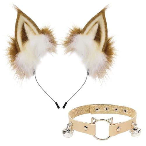 YAEGIMHT Ensemble serre-tête et collier oreilles de renard et de chat – Accessoire de costume en fausse fourrure fait main pour enfants et adultes, cosplay,...