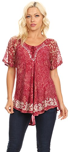 Image of Sakkas Ash Speckled Tiedye Embroidered Cap Sleeve Blouse Top with Embroidery Hems