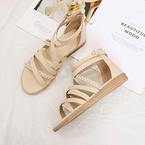 Women's Cross Strappy Sandals Summer Flat Roman Sandal Ankle Strap Shoes Sandals Beach Poolside Travel (Color : Apricot, Size : 9.5-10 US)3
