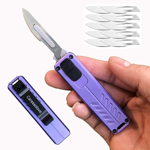 Automatic Utility Knife, Safety Black Box Cutter Retractable, EDC Push Button Knife, Exacto Scalpel Knife, 10PCS #23 Razor Blades Pocket Knife with Clip (Purple)