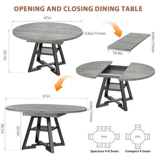 Extendable Dining Table for 4 6 8, Round Extendable Dining Room Table with Removable Leaf & Storage Shelf, Expandable Oval Kitchen Table with Pedestal Base, Modern Industrial Space Saving by Jocoevol - Image 2