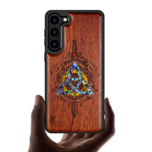 Coque Galaxy S23 Plus en bois gravé avec incrustation coquille, étui chic art nordique