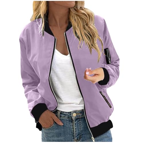 Women Bomber Jacket Zip Up Casual Fall Fashion Lightweight Coats with Pockets Loose Fit Comfy Color Block Shackets S-2XL