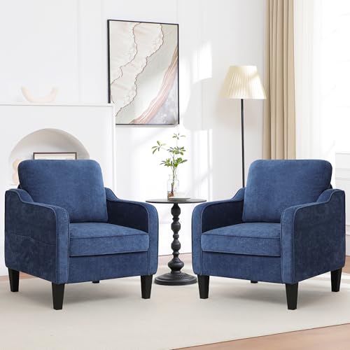 choairy Accent Chairs Set of 2, Upholstered Living Room Chairs with Side Pockets, Mid Century Modern Reading Chair for Bedroom, Comfy Armchair Single Sofa Side Chair for Office, Small Room, Blue