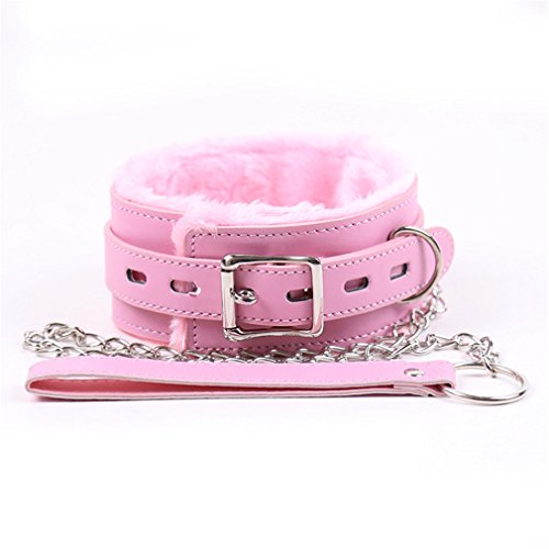 Gothic Leather Choker Collar with Long Chain Leash - Soft Plush Pink Collar Adjustable Necklace for Pets