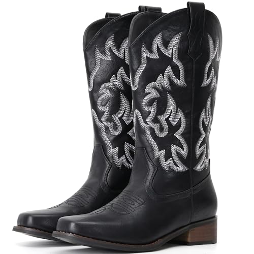 Image of IUV Cowboy Boots For Women Square Toe Wide Mid Calf Western Pull On Suede Fashion Black Brown Cowgirl Boots