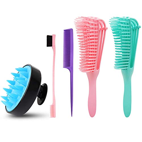 5PCS Detangling Brush Set Scalp Care Brush Hair Edge Control Brush Kinky Wavy Flex Hair Detangler Brush for Hair Textured 3a to 4c Wet/Dry/Long Thick Curly Hair
