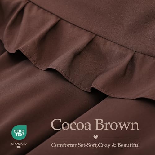 Image of JANZAA Brown Comforter Set Full - Soft Microfiber, Lightweight All Season Bedding, Ruffle Shabby Chic Aesthetic, Breathable Cozy Bed Set with 2 Pillow Shams, Machine Washable