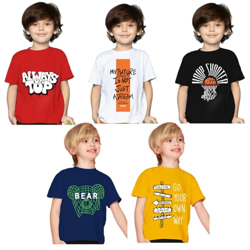 Image of Yazh Texworld Boys Round Neck Blended Cotton T-Shirts | Regular Fit | Half Sleeve | Casual Wear | Trendy | Combo Pack of 5 | Multicolor | Soft, Durable, and Stylish for Everyday use