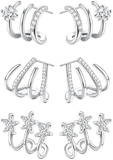 CASSIECA 925 Sterling Silver Claw Earrings Cuff for Women Flower Zircon Needle Ear Cuffs Stud Earrings Minimalist Huggie Ear Wrap Piercing Earrings 14K Gold Plated/Silver