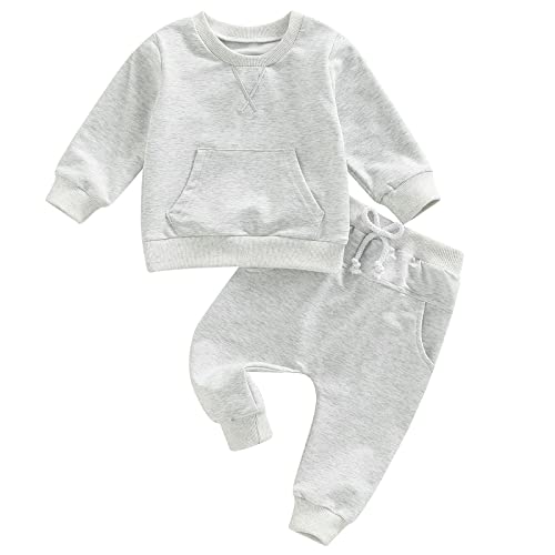 Image of Mubineo Infant Baby Boy Girl Fall Winter Sweatshirt Pant Outfits Toddler Long Sleeve Tops Clothes Set (Grey, 0-6 Months)