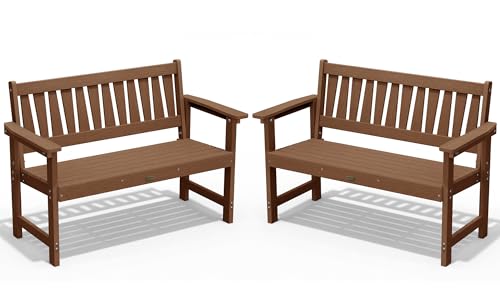 YEFU Outdoor Bench Weatherproof for Patio: 2-Person HIPS All Weather Garden Benches - Comfortable & Heavy Duty Patio Benches for Front Porch Backyard Park - Outside Furniture Bench Set of 2, Teak