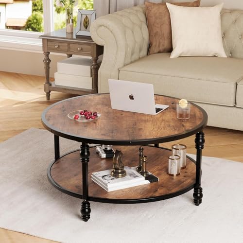 OPULENTHOME Großer Couchtisch, rund, aus Massivholz, Wohnzimmertisch im Vintage-Stil, 2 Ebenen, Beistelltisch mit Säulenfüßen, für Wohnzimmer, Büro, 72 x 72 x 48 cm