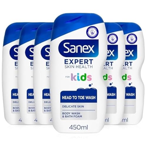 Sanex BiomeProtect Duschgel für Kinder von Kopf bis Fuß, 450 ml, 6er-Pack, reinigt sanft Haare und empfindliche Haut, Duschgel und Duschgel für Kinder (6 x 450 ml) (Verpackung kann variieren)