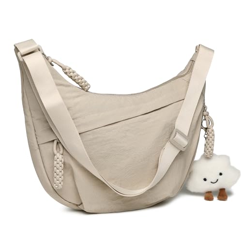 Micmores Crossbody Bag Damen Umhängetasche, Nylon Schultertasche Moon Bag Stylische Halbmond Tasche mit verstellbarer Schultergurt, Hobo Casual Handtasche (Hell beige)