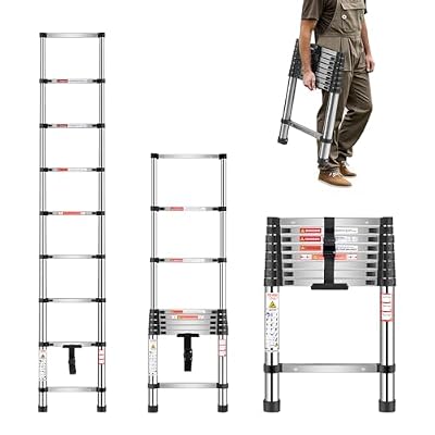 VEVOR Escalera Telescópica Extensible Ligera de Acero Inoxidable, con Retracción de Múltiples Botones, Carga 150 kg y Pies Antideslizantes, 9 Escalones para el Hogar, RV, Loft, 460 x 60 x 2540 mm