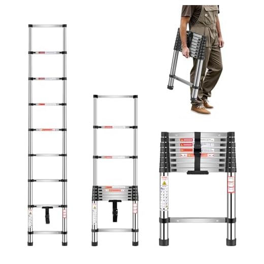 VEVOR Telescoping Ladder, 8.5ft Stainless Steel Lightweight Extension Ladder, Multi-Button Retraction Collapsible Ladders, 330LBS Capacity & Non-Slip Feet, Portable 9-Step Ladders for Home, RV, Loft