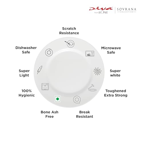 Image of La Opala Diva Sovrana Collection Opal Glass Crockery | for Family of 8 | Dinner Set 62 pcs Medusa Gold | Plates & Bowls for Dining | Microwave Safe | 100% Vegetarian | Extra Strong | Light & White