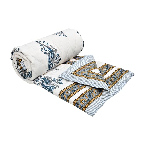 Image of BLOCKS OF INDIA Cotton Single Size Quilt Hand Block Print for Light Winters (60x90 Inches) (Grey Yellow BUTI 1)-300 TC