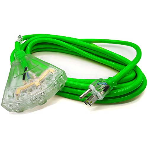 15 Ft - 14 Gauge Heavy Duty 3-Outlet Lighted Sjtw Indoor/Outdoor Green Extension Cord By Watt's Wire - 15' 14-Gauge Grounded 15-Amp Power-Cord (15 Foot 14-Awg Green) #TOP1