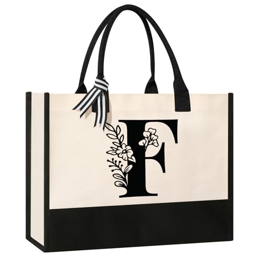Image of Tecanne Personalized Initial Canvas Tote Bag, Suitable for Birthday, Wedding, Beach, Holiday, Gifts for Women, Mom, Teachers, Nurses, Best Friends, Bridesmaids (F)