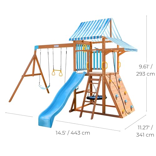 Teamson Kids Wooden Swing Sets for Backyard Outdoor Playset with Slide Rock Wall Trapeze Bar Fireman Pole Pirate Wheel Kids Playground with Swingset Holds 9 Children Ages 3 to 10