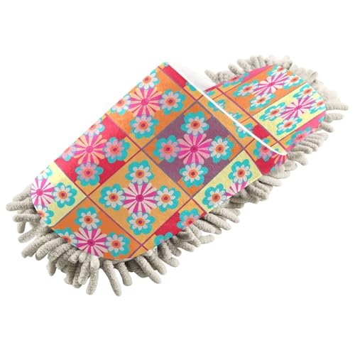 Kigai Modern Flower Squares Mop Slippers for Floor Cleaning, Slippers for Women Men, Microfiber Floor Cleaning, L