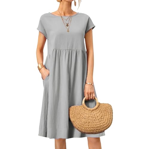 RegaliaKun Loose Fitting Dress Womens Dresses Cotton Dresses 2025 Women's Summer Short Sleeve Midi Casual Beach Dress Silver