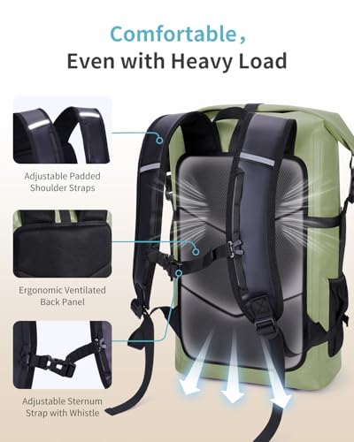 ECOHUB Waterproof Dry Bag Backpack, Roll Top Closure Heavy Duty Waterproof Backpack, Dry Bag Rucksack with IPX8 Waterproof Phone Case for Hiking, Kayaking, Boating, Camping, Fishing, 30L-Green
