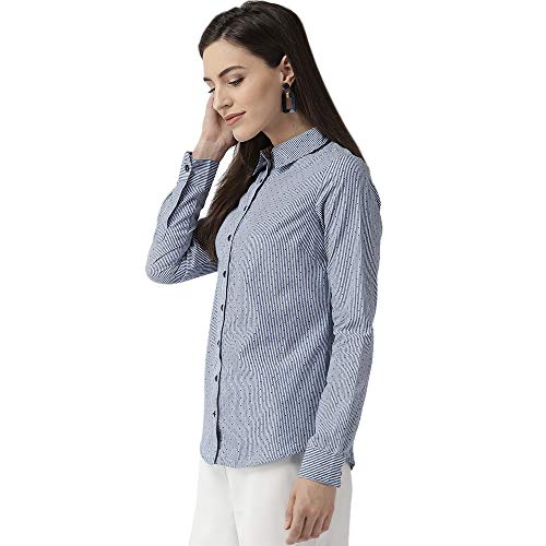 Image of XPOSE Women Navy Blue White Regular Fit Striped Casual Shirt