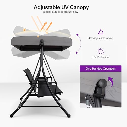 Image of PURPLE LEAF Porch Swing with Adjustable Tilt Canopy 3-Seat Patio Swing with Stand and Metal Steel Frame All-Weather Outdoor Swing Chair Seat for Backyard Garden Deck Balcony (Grey)