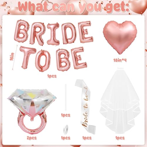 Image of Rose Gold Bachelorette Party Decorations, Rose Gold Bride to Be Banner Heart Balloon with Diamond Ring Foil Balloon, Bride to Be Sash&Veil for Bachelorette Engagement Gift Bridal Shower Party Supplies