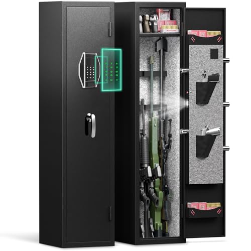 NUGYK 3-4 Gun Safe for Rifles and Pistols,Quick Access Password Gun Safe,High Security Metal Long Gun Rifle Safe Locker Removable Shelf and 2 Adjustable Gun Slots