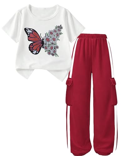 Image of Girls 2 Piece Outfit, Graphic Short Sleeve T-Shirt and Cargo Jogger Sweatpants Set, Ages 4-13