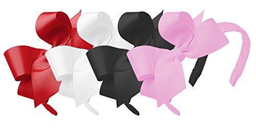 Wee Ones Girls' Classic Grosgrain Headbands With Grosgrain Bows And A Plain Wrap Center, 4 Pack, Medium Bows, Red, White, Black And Pearl #TOP5
