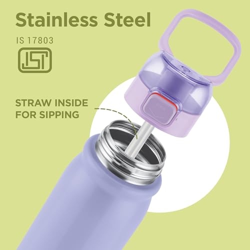 Image of MILTON Reva 1000 ISI Certified Stainless Steel Water Bottle with Twin Lid Sip or Gulp, 1 Litre | Single Wall, BPA-Free, Leakproof | Sturdy Handle | Ideal for Home, Office, Gym & Travel, Purple