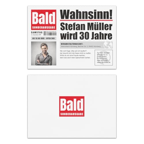 Kartenmachen.de Personalisierte witzige Einladungskarten zum Geburtstag (ab 10 bis 100 Stück) als Zeitung Presse Meldung Magazin Nachrichten, DIN A6, dickes 300g/qm Papier Kartenmachen.de Personalisierte witzige Einladungskarten zum Geburtstag (ab 10 bis 100 Stück) als Zeitung Presse Meldung Magazin Nachrichten, DIN A6, dickes 300g/qm Papier