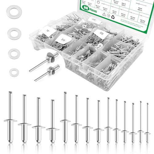 Yauhar 840Pcs 18 Sizes Pop Rivets Assortment Kit with Backup Washers, 3/32 1/8 5/32 3/16 Aluminum Blind Rivets for RV, Trailer, Furniture, Electrical Appliances