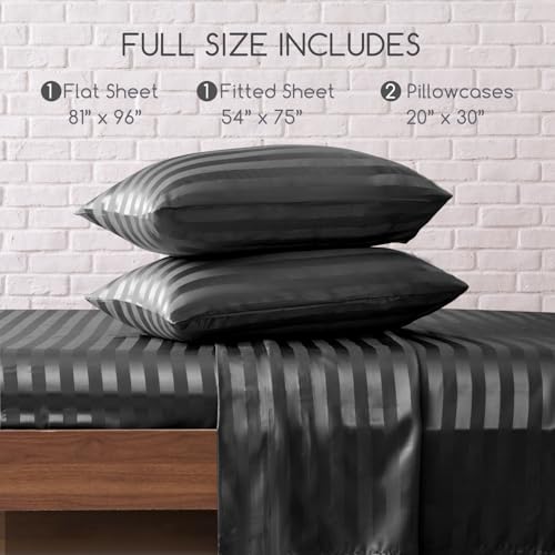 Image of MR&HM Satin Bed Sheets, Full Size Sheets Set, 4 Pcs Silky Bedding Set with 15 Inches Deep Pocket for Mattress (Full, Dark Grey Striped)