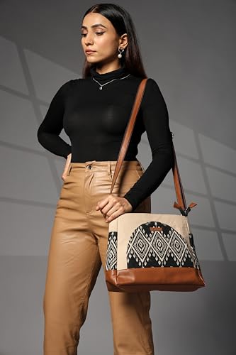 Image of ENSAC Women's Premium Cotton /Full Sling Shoulder Bag | Ladies Purse Handbag | Special & Luxury Gift (SLING-U LEAF-DARK BROWN)