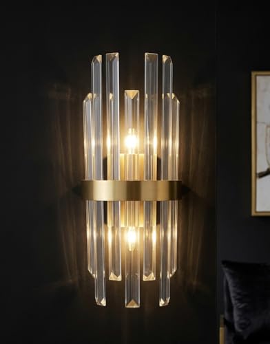 Image of Sanleen Modern Crystal Wall Light | Luxury Glass Wall Sconce Lamp for Living Room, Bedroom, Dining Room & Hallway | Gold Finish Decorative Wall Light Fixture | Premium Home Decor Lighting