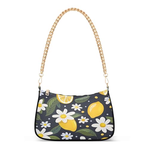 Image of Shoulder Bags for Women Vintage Yellow Lemon Fruit and Blue Print Hobo Tote Handbag Small Clutch Purse with Zipper Closure