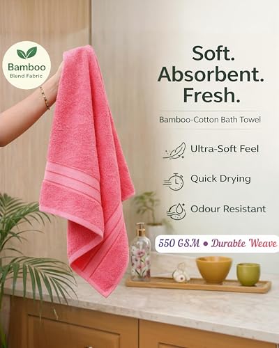Image of Premium Bamboo Bath Towel, 550 GSM, Ultra-Soft, Quick-Drying, 3X More Absorbent (Pink)